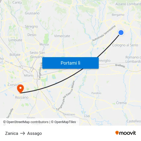Zanica to Assago map