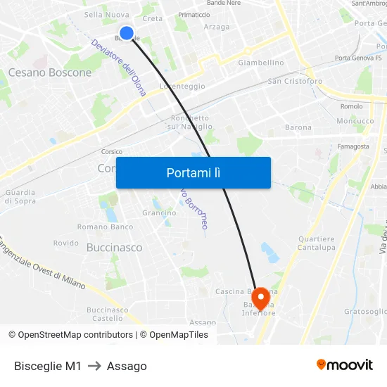 Bisceglie M1 to Assago map