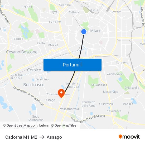 Cadorna M1 M2 to Assago map