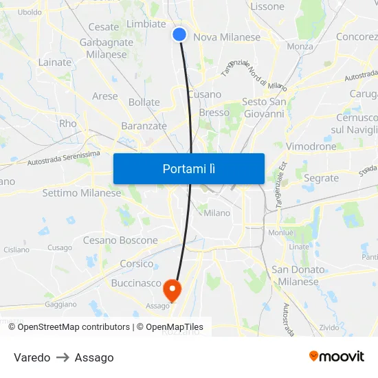Varedo to Assago map