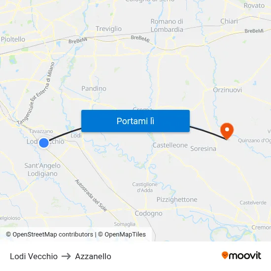 Lodi Vecchio to Azzanello map