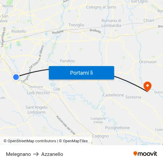 Melegnano to Azzanello map