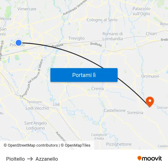 Pioltello to Azzanello map