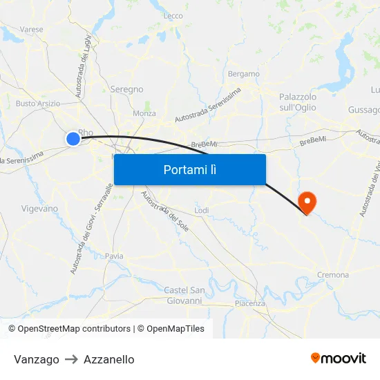 Vanzago to Azzanello map