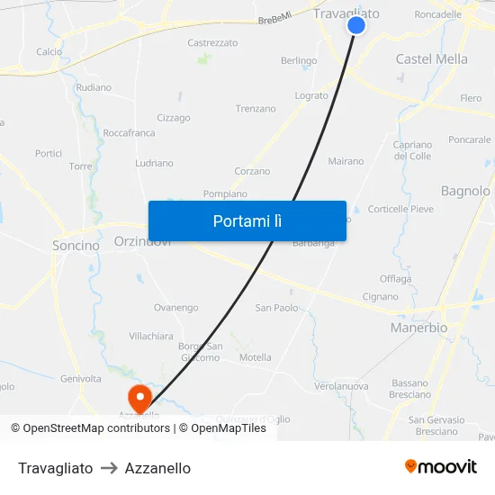 Travagliato to Azzanello map