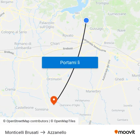 Monticelli Brusati to Azzanello map