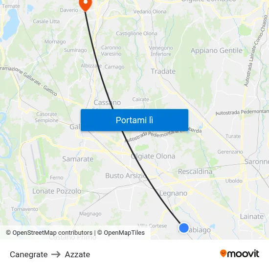 Canegrate to Azzate map