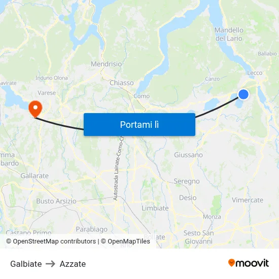 Galbiate to Azzate map
