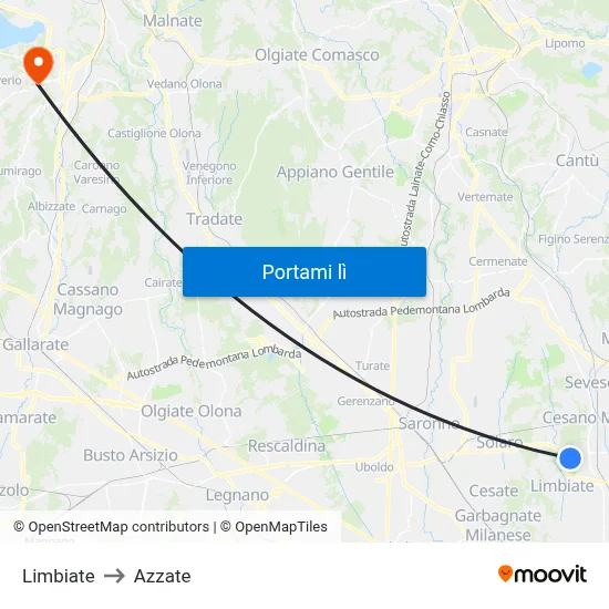 Limbiate to Azzate map