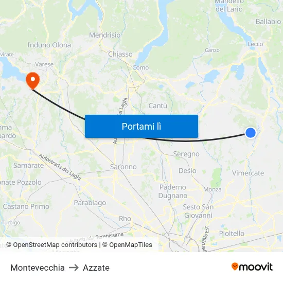 Montevecchia to Azzate map