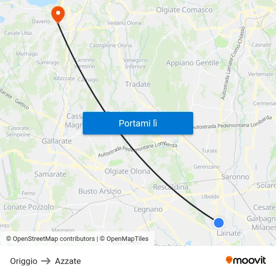 Origgio to Azzate map