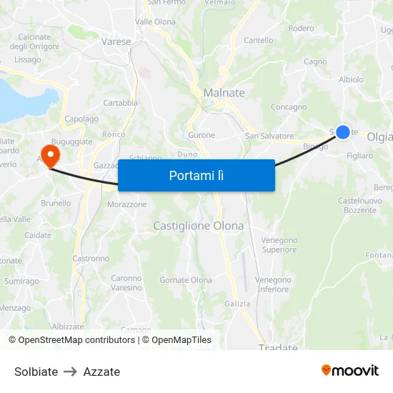 Solbiate to Azzate map