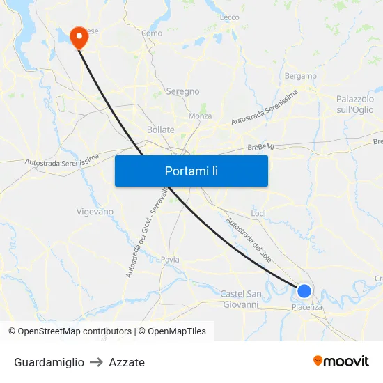 Guardamiglio to Azzate map