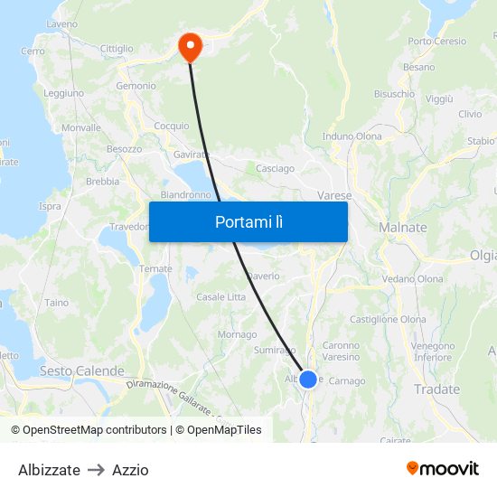 Albizzate to Azzio map