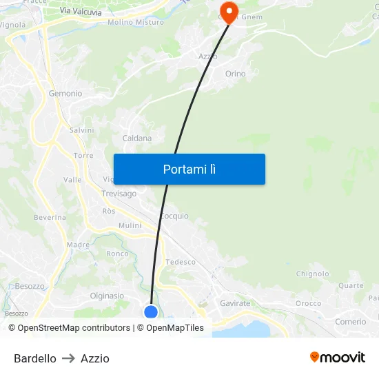 Bardello to Azzio map