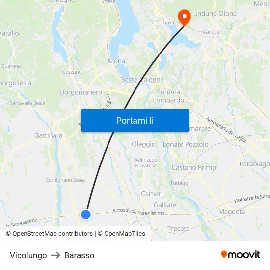 Vicolungo to Barasso map