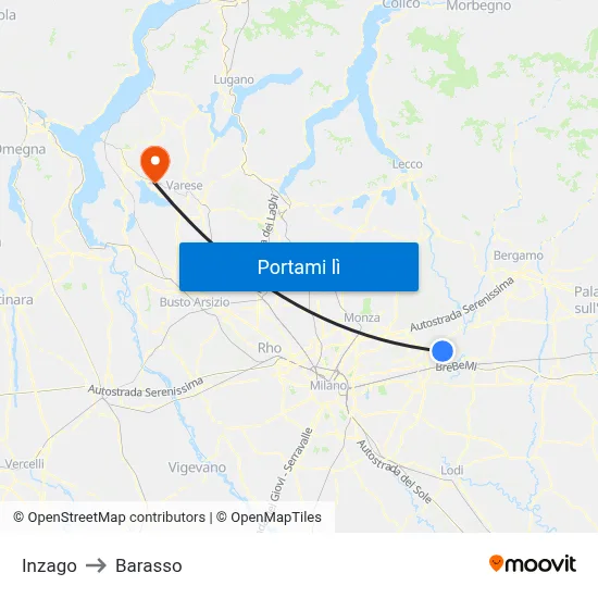 Inzago to Barasso map
