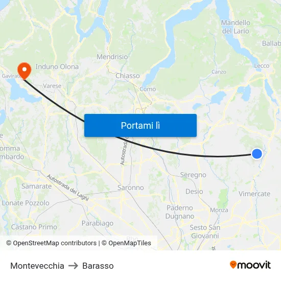 Montevecchia to Barasso map
