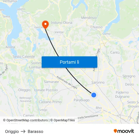 Origgio to Barasso map
