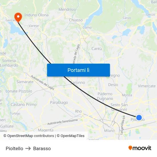 Pioltello to Barasso map