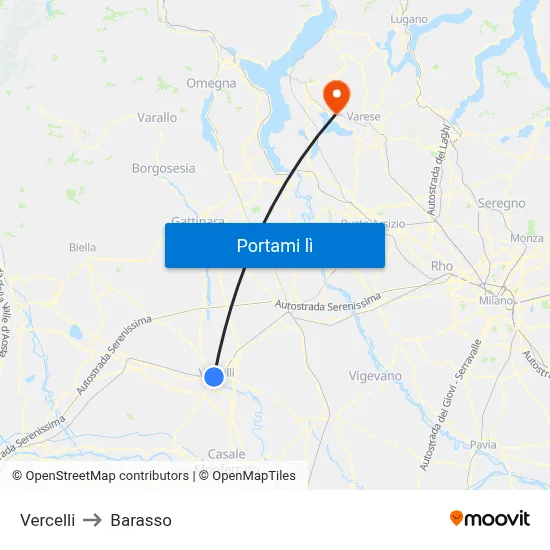 Vercelli to Barasso map
