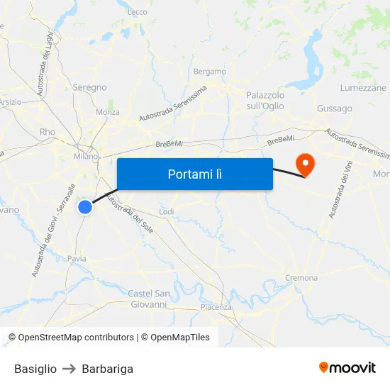 Basiglio to Barbariga map
