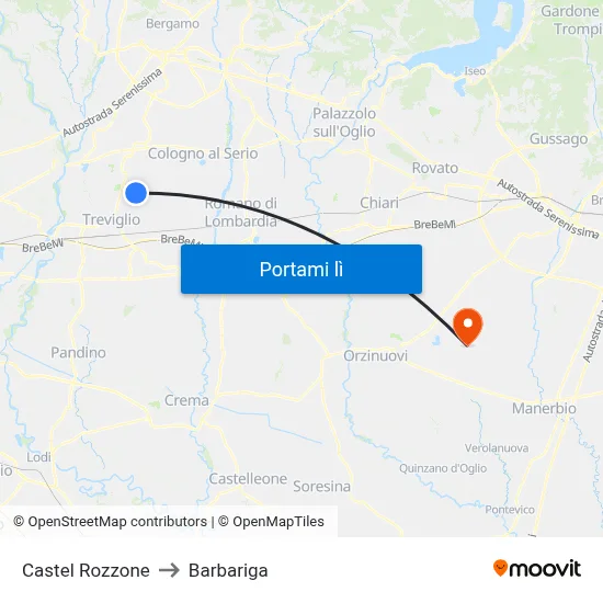 Castel Rozzone to Barbariga map