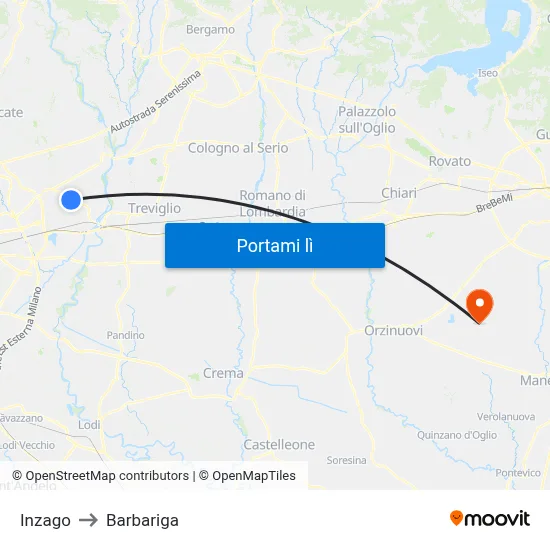 Inzago to Barbariga map
