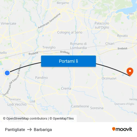 Pantigliate to Barbariga map