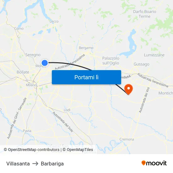 Villasanta to Barbariga map