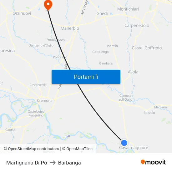 Martignana Di Po to Barbariga map