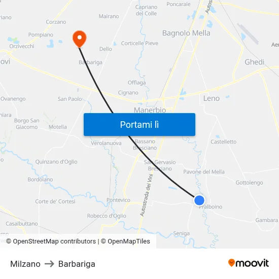 Milzano to Barbariga map
