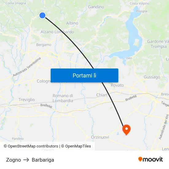 Zogno to Barbariga map