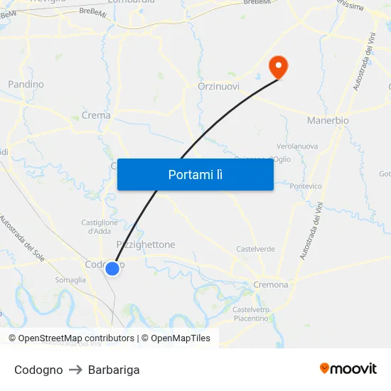 Codogno to Barbariga map