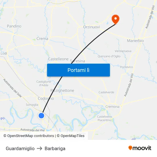 Guardamiglio to Barbariga map