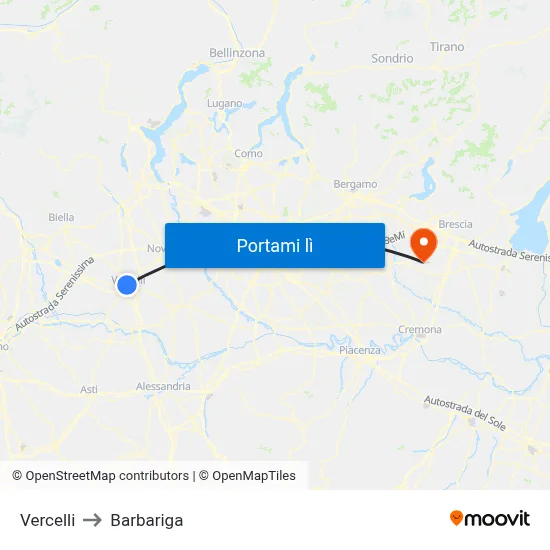 Vercelli to Barbariga map