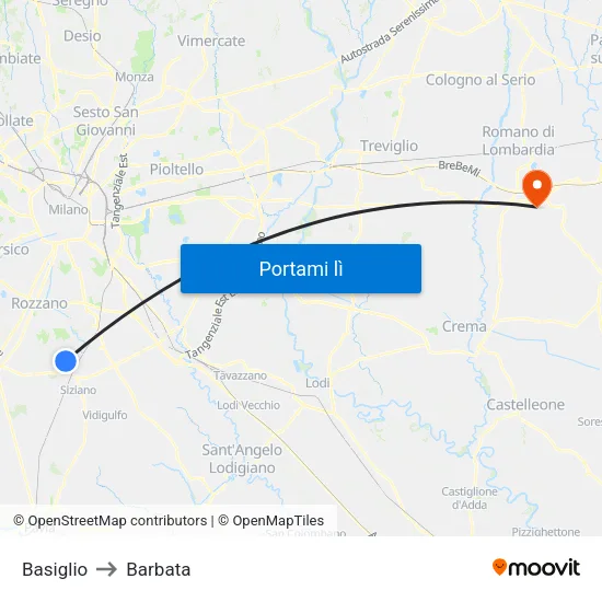 Basiglio to Barbata map