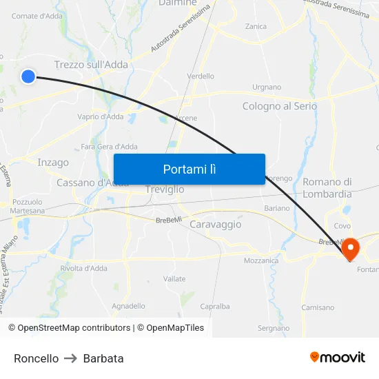 Roncello to Barbata map