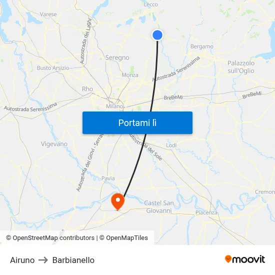 Airuno to Barbianello map