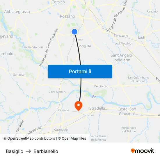 Basiglio to Barbianello map