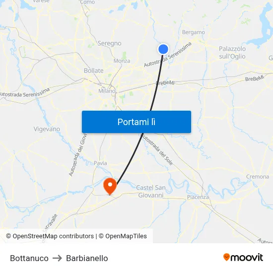 Bottanuco to Barbianello map