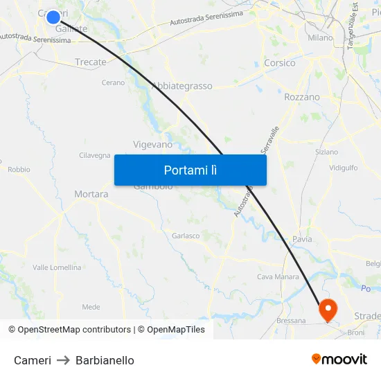 Cameri to Barbianello map