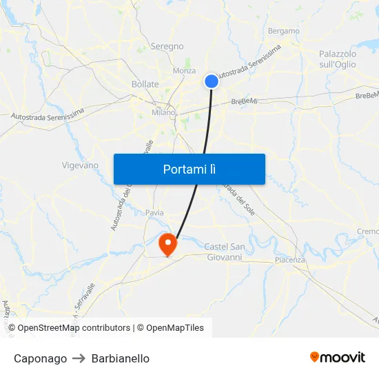 Caponago to Barbianello map