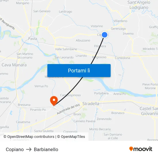 Copiano to Barbianello map