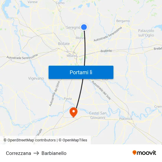 Correzzana to Barbianello map
