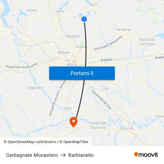 Garbagnate Monastero to Barbianello map