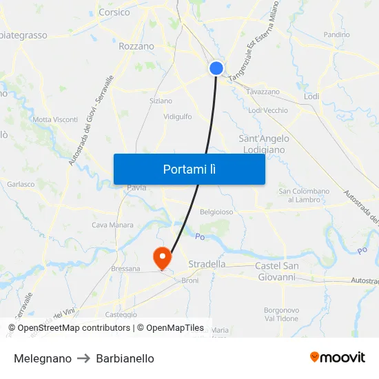 Melegnano to Barbianello map