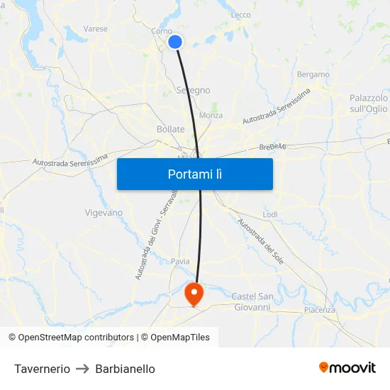 Tavernerio to Barbianello map
