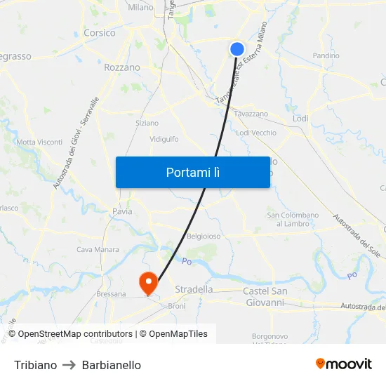 Tribiano to Barbianello map