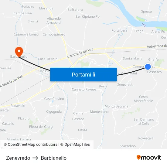 Zenevredo to Barbianello map